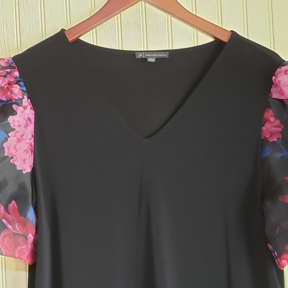 Adrianna Papell Blouse Womens Large Black Floral V Neck Sheer Puff Sleeve Top